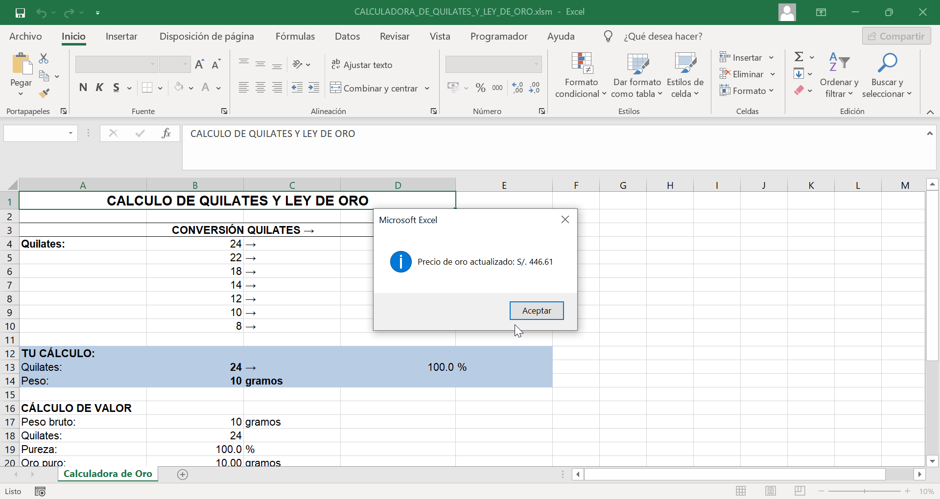 excel calculadora oro produccion